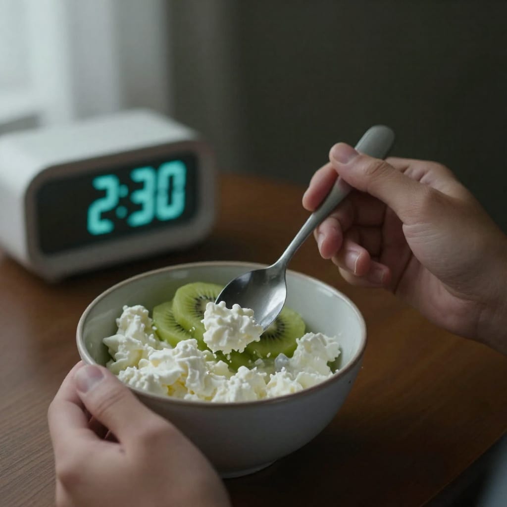 A close-up night scene of a hand holding a spoon over a bowl of cottage cheese and kiwi on a nightstand, with an alarm clock glowing 2:30 AM in the blurred background.