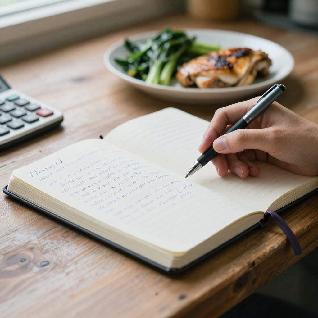 A person's hand pauses with a pen over a food journal on a kitchen table, next to a plate of chicken and vegetables and a calculator, in soft morning light.