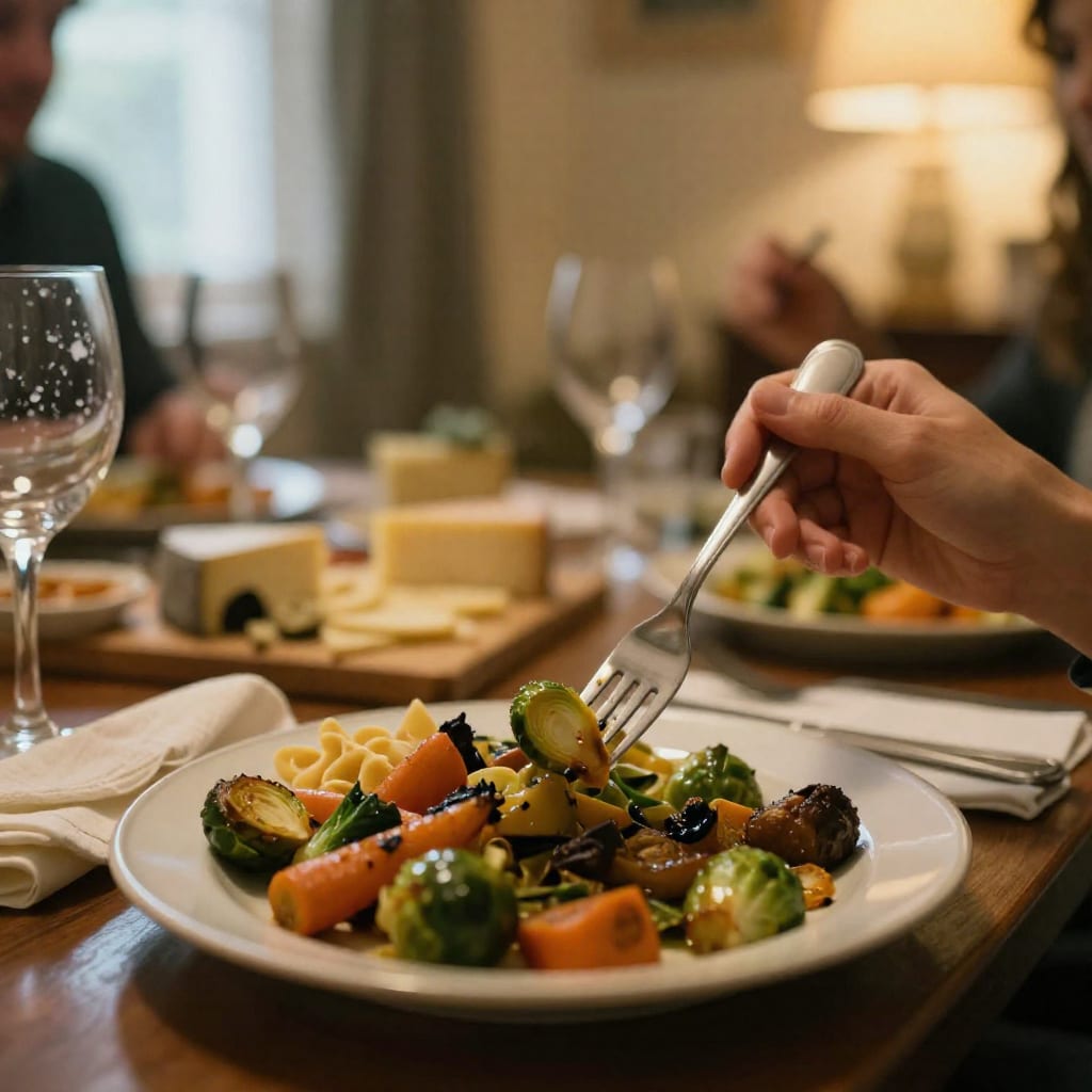 A close-up of a fork paused over a dinner plate filled with colorful roasted vegetables and a small portion of pasta, captured during a warm, intimate evening party.
