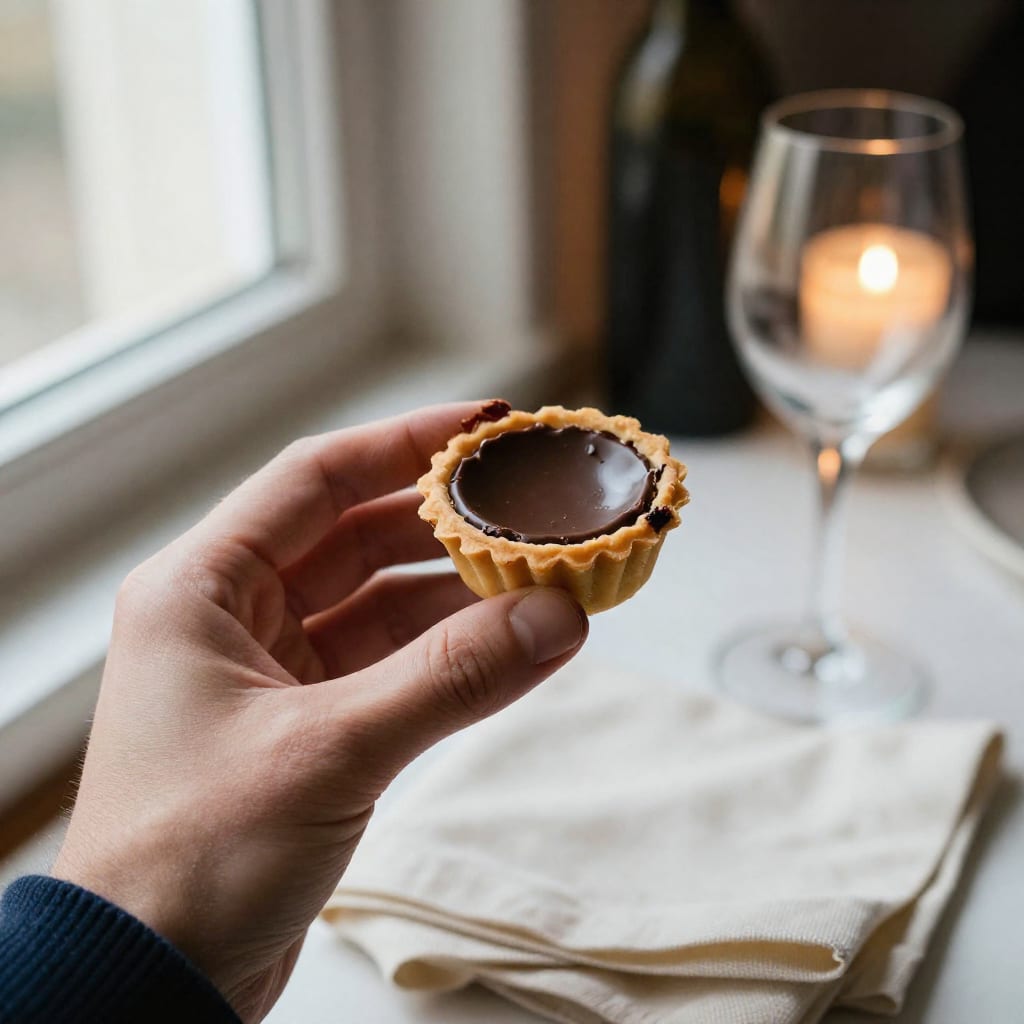A hand holds a half-eaten mini chocolate tart amidst a cluttered dessert table at an evening house party, with a wine glass and rumpled napkin softly out of focus in the background.