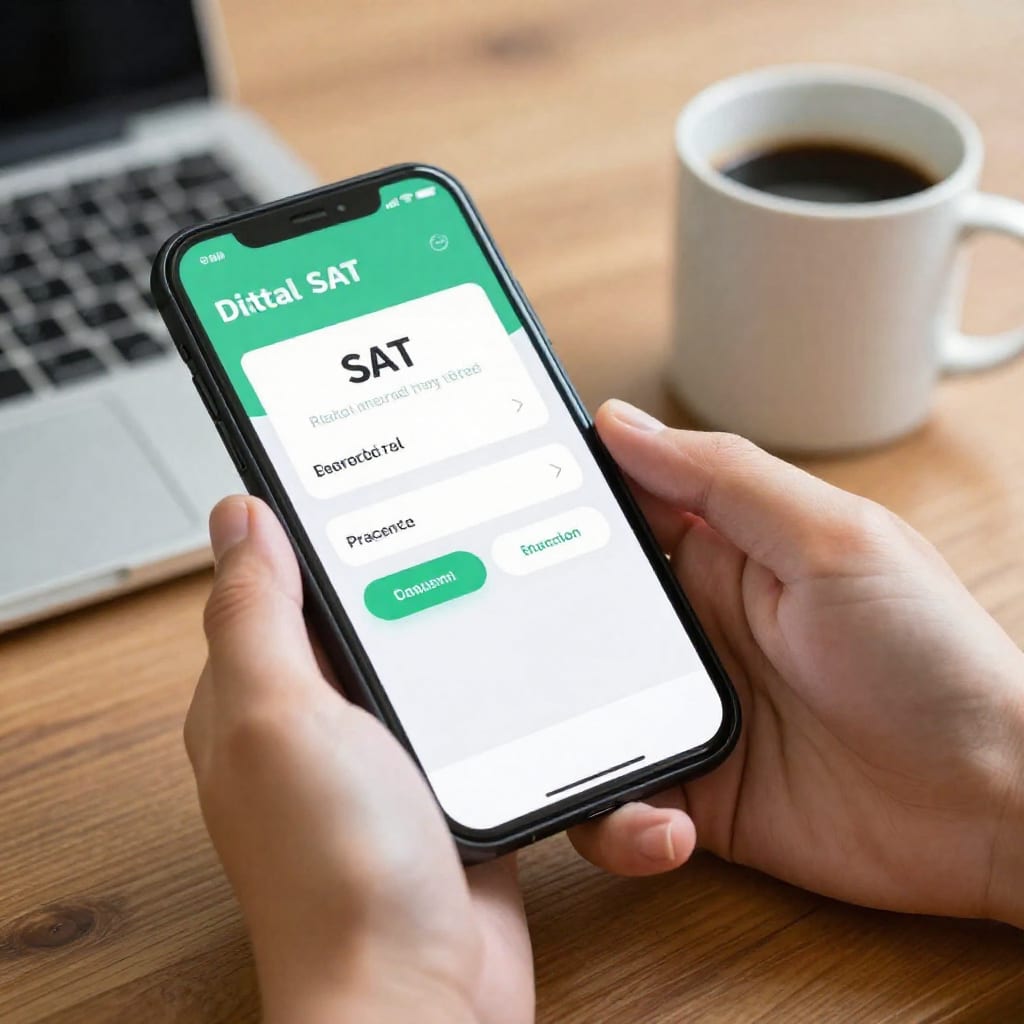 Hands holding smartphone with SAT practice app and coffee