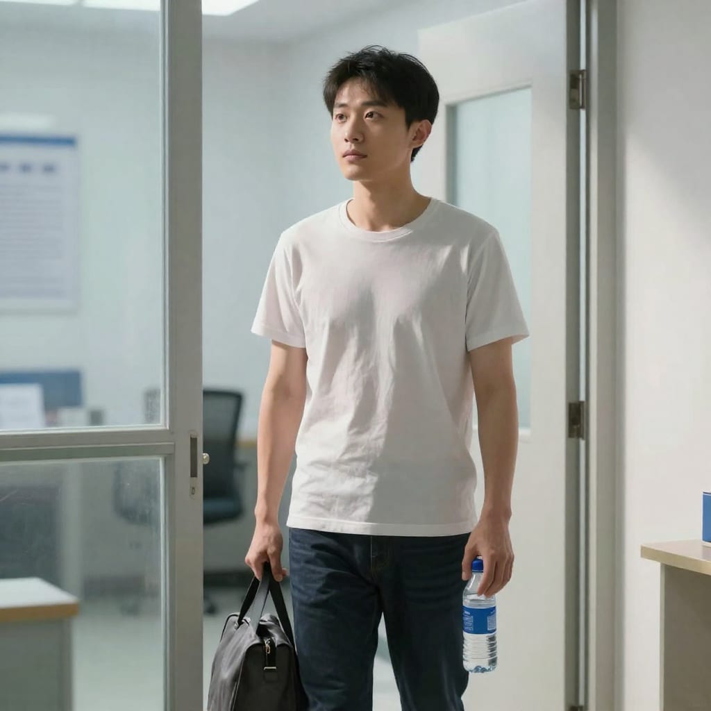 Adult standing at test center door with bag and water bottle