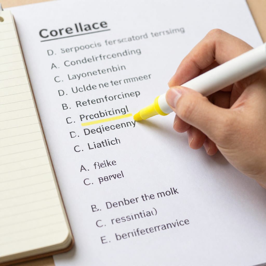 Close-up of a student using a yellow highlighter on a printed slide, with a notebook showing a Cornell-style summary