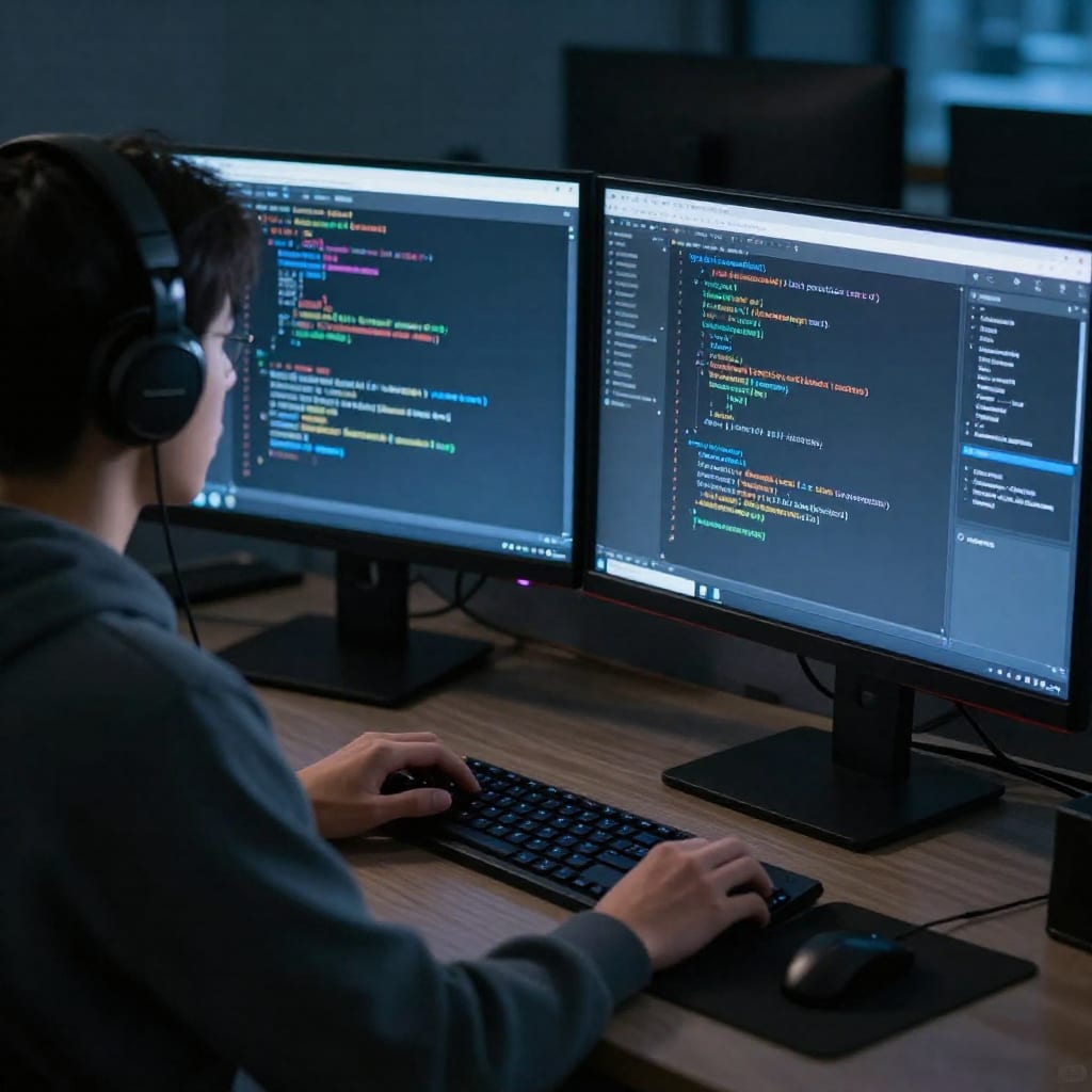 Cybersecurity student working late with dual monitors showing code and security dashboard
