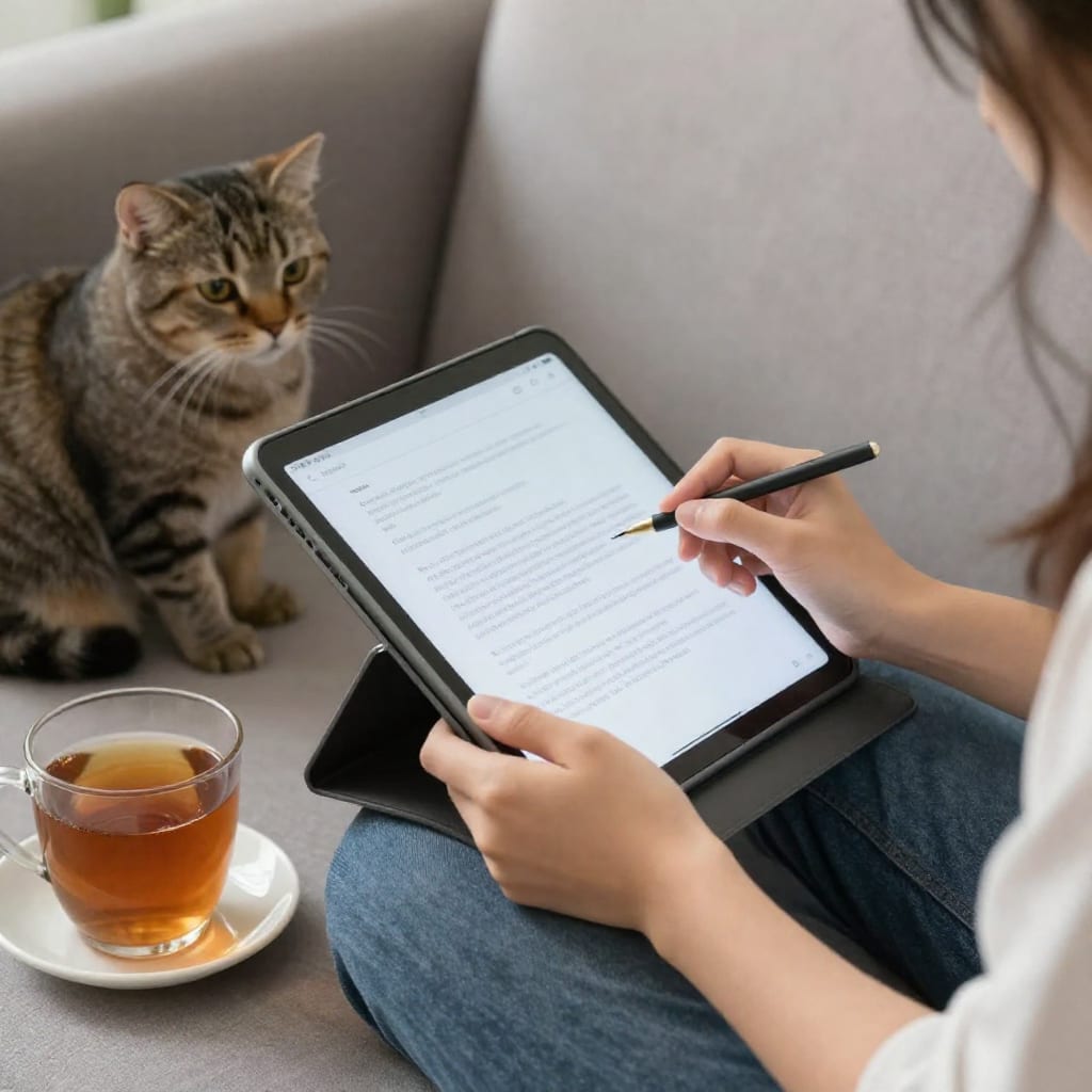 Student reviewing case study on tablet while sitting on couch with tea and cat
