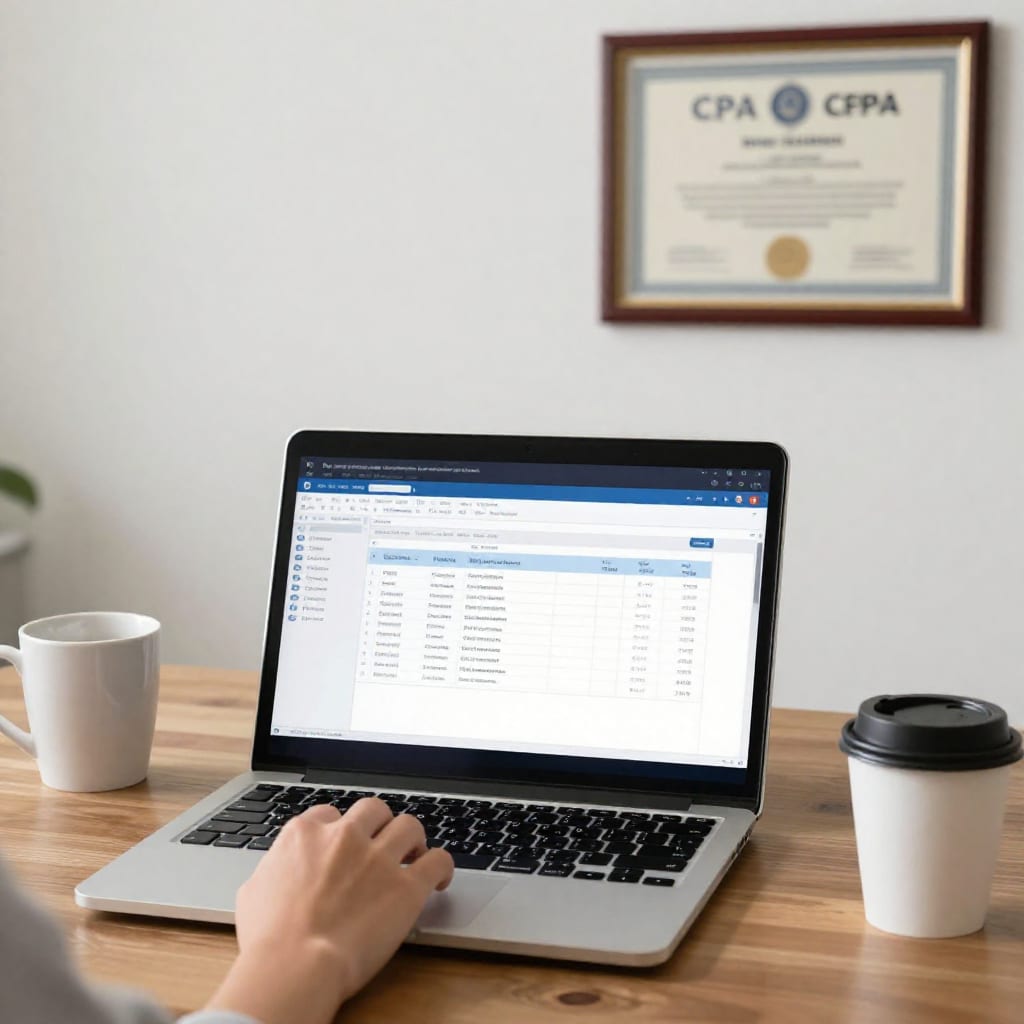 Accounting workspace with laptop, spreadsheet, coffee mug, and CPA certificate
