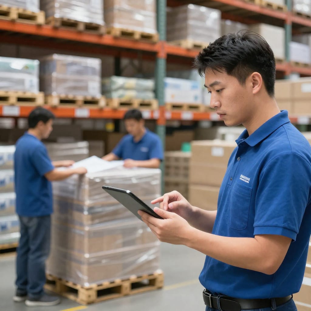 Warehouse manager with tablet tracking inventory surrounded by workers loading pallets