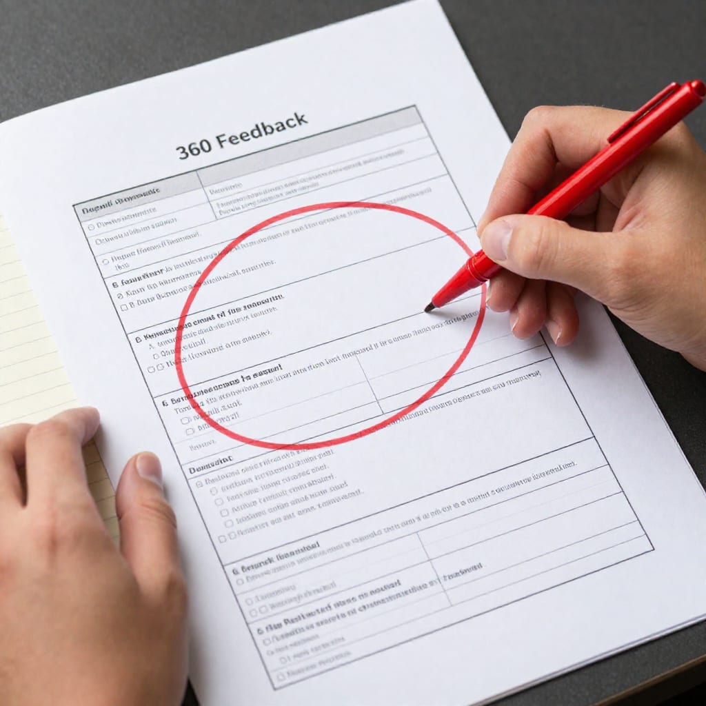 Person analyzing a 360 feedback report with a red pen, highlighting patterns