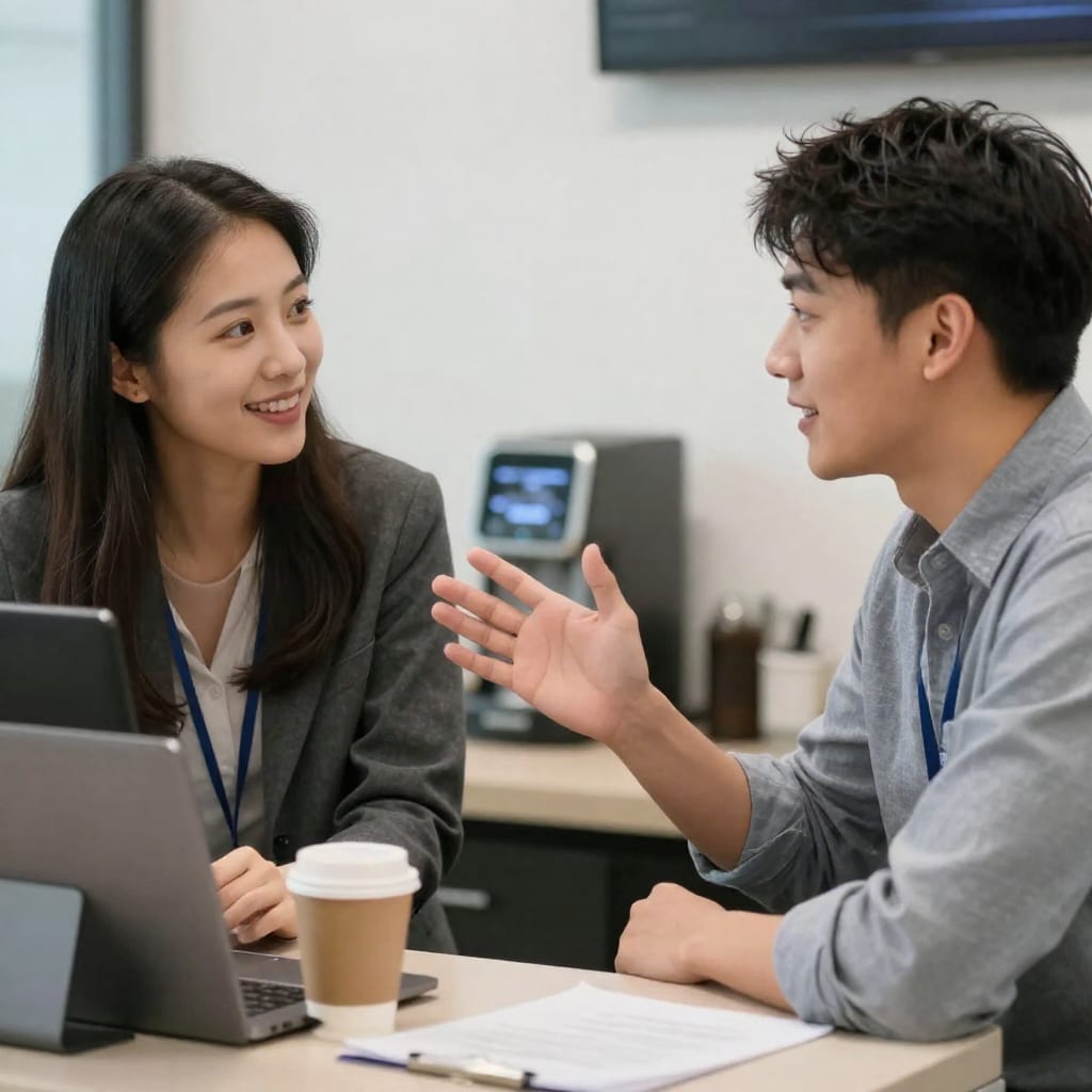 Two colleagues giving informal feedback at office coffee station