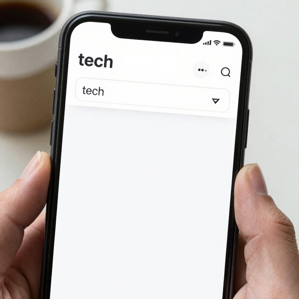 Smartphone screen with tech job board filter and coffee