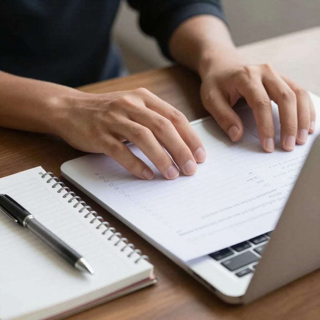 Hands typing on laptop with notepad listing job boards