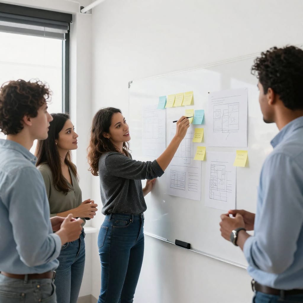 Diverse team collaborating on a whiteboard with sticky notes