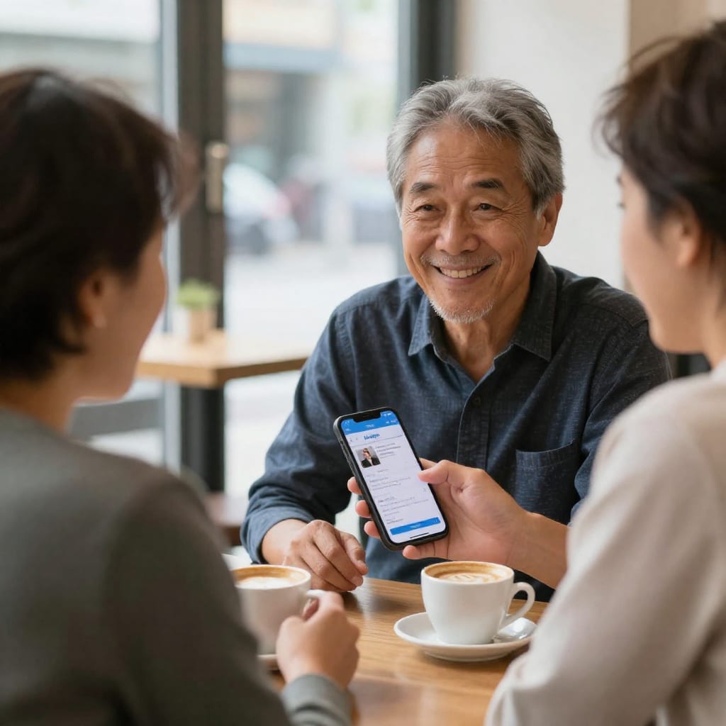 Two older professionals networking over coffee with LinkedIn on phone