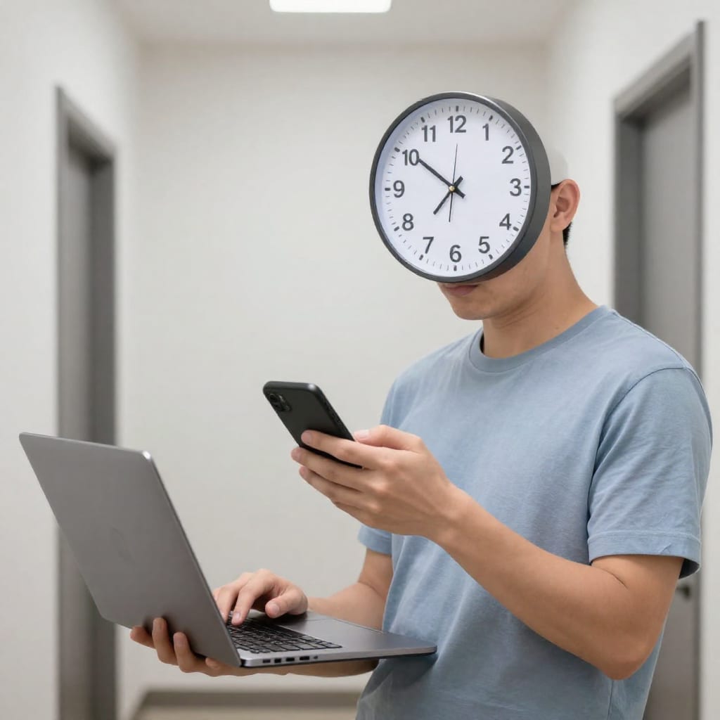 Person checking phone in hallway with laptop and clock