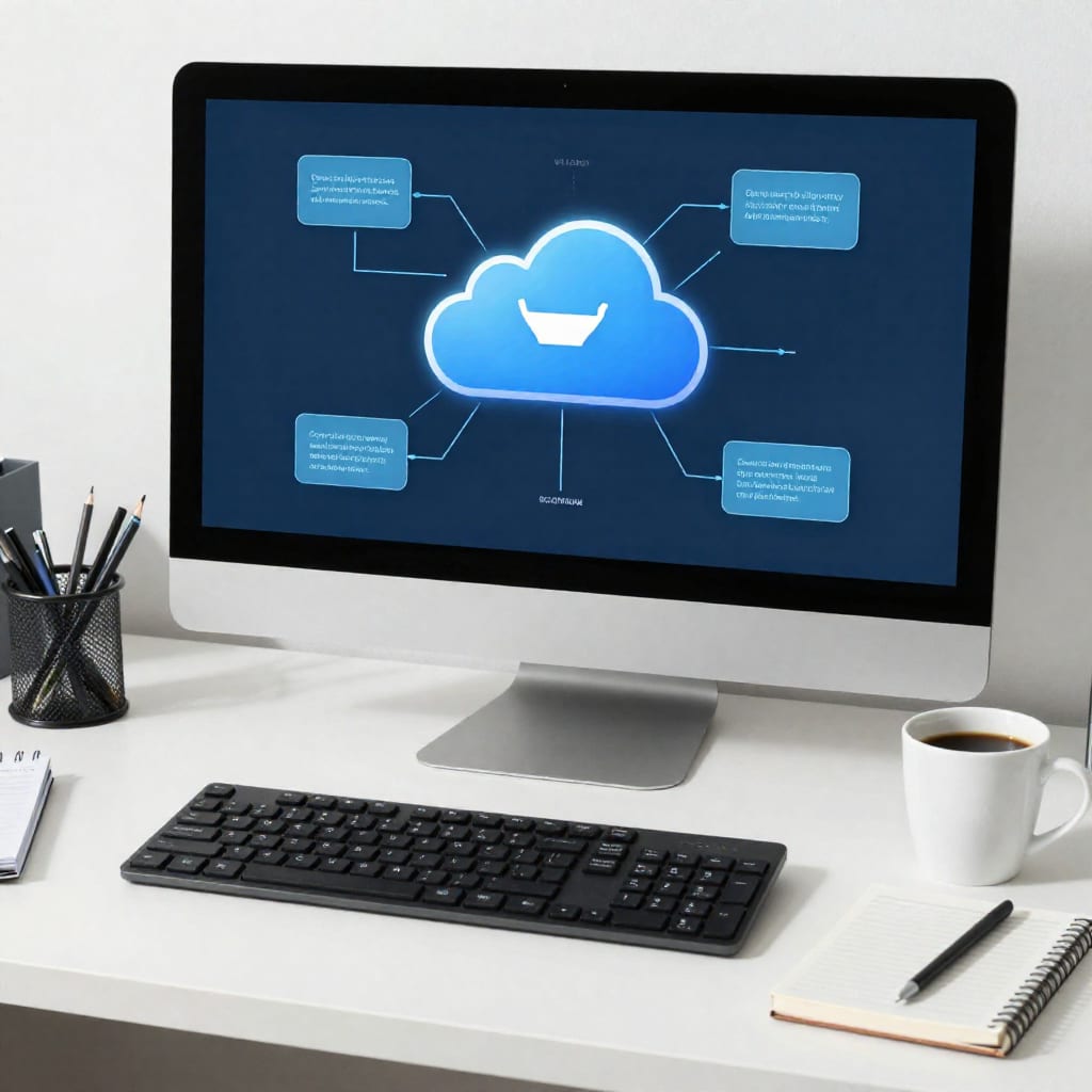 Desk with cloud computing diagram on monitor, coffee cup, and notebook