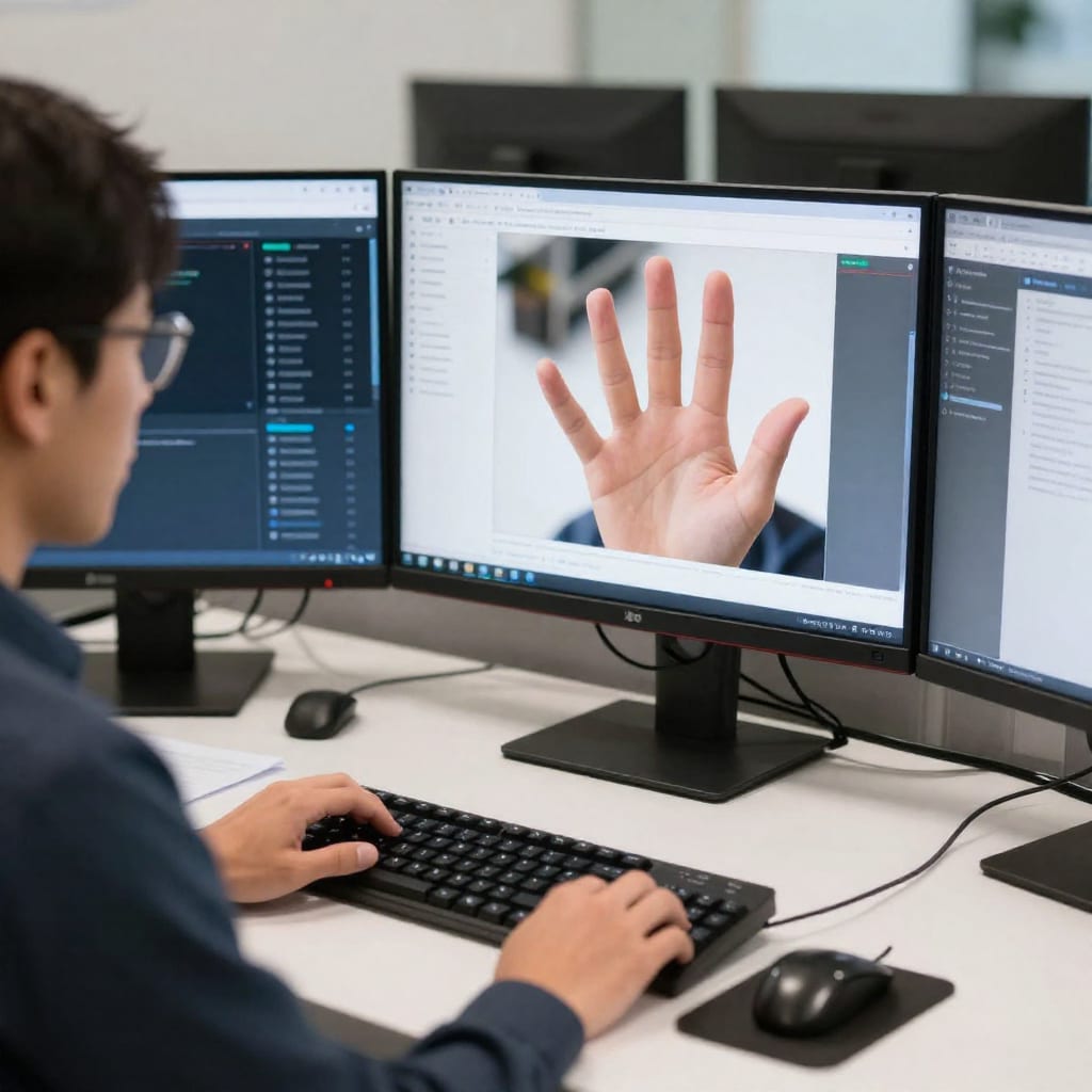 Cybersecurity analyst working remotely at desk with multiple monitors showing security dashboards