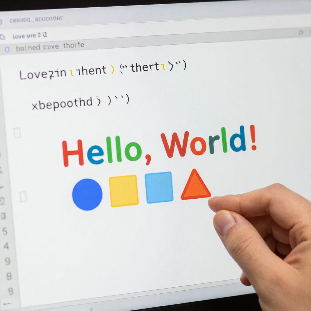 Screenshot of a Lua script in the Love2D engine, displaying colorful shapes and 'Hello, World!' text on a canvas