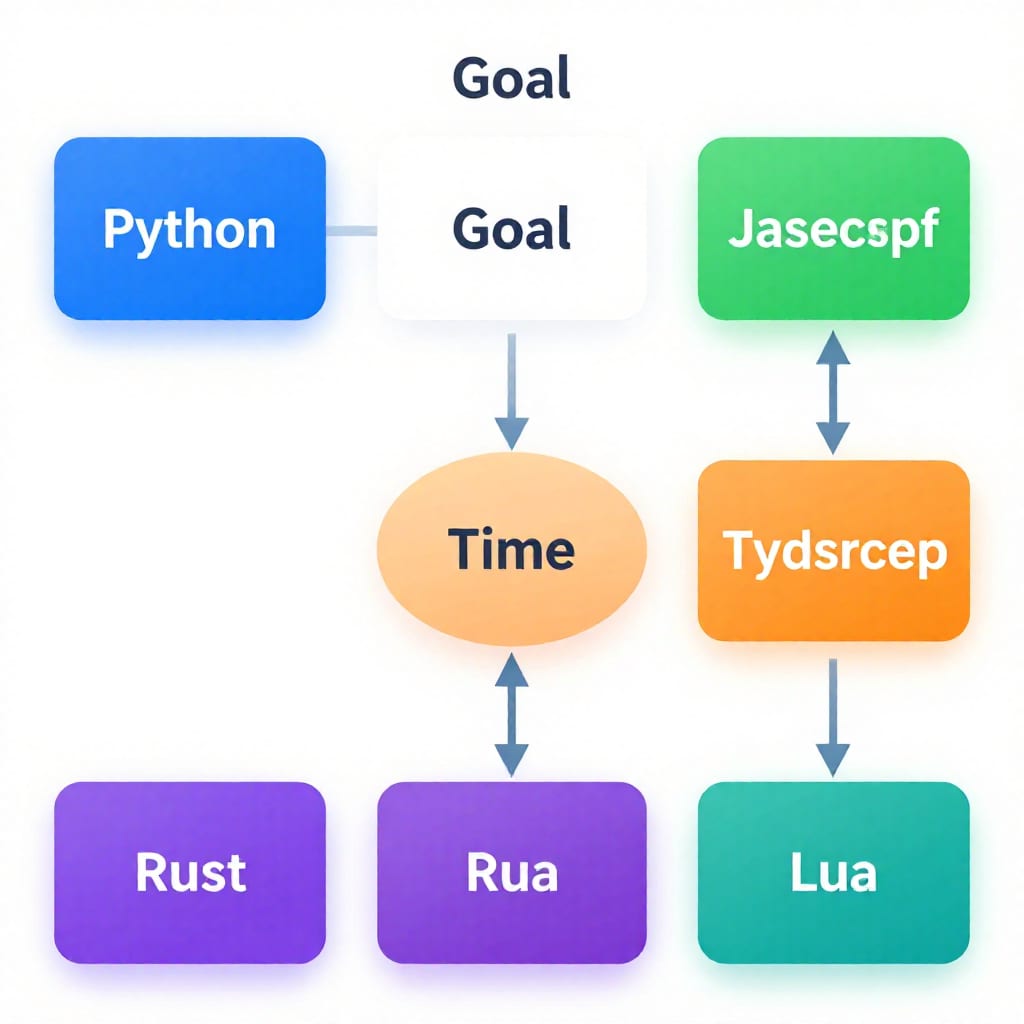Decision flowchart with three questions (Goal, Time, Preference) branching to Python, JavaScript, TypeScript, Rust, and Lua