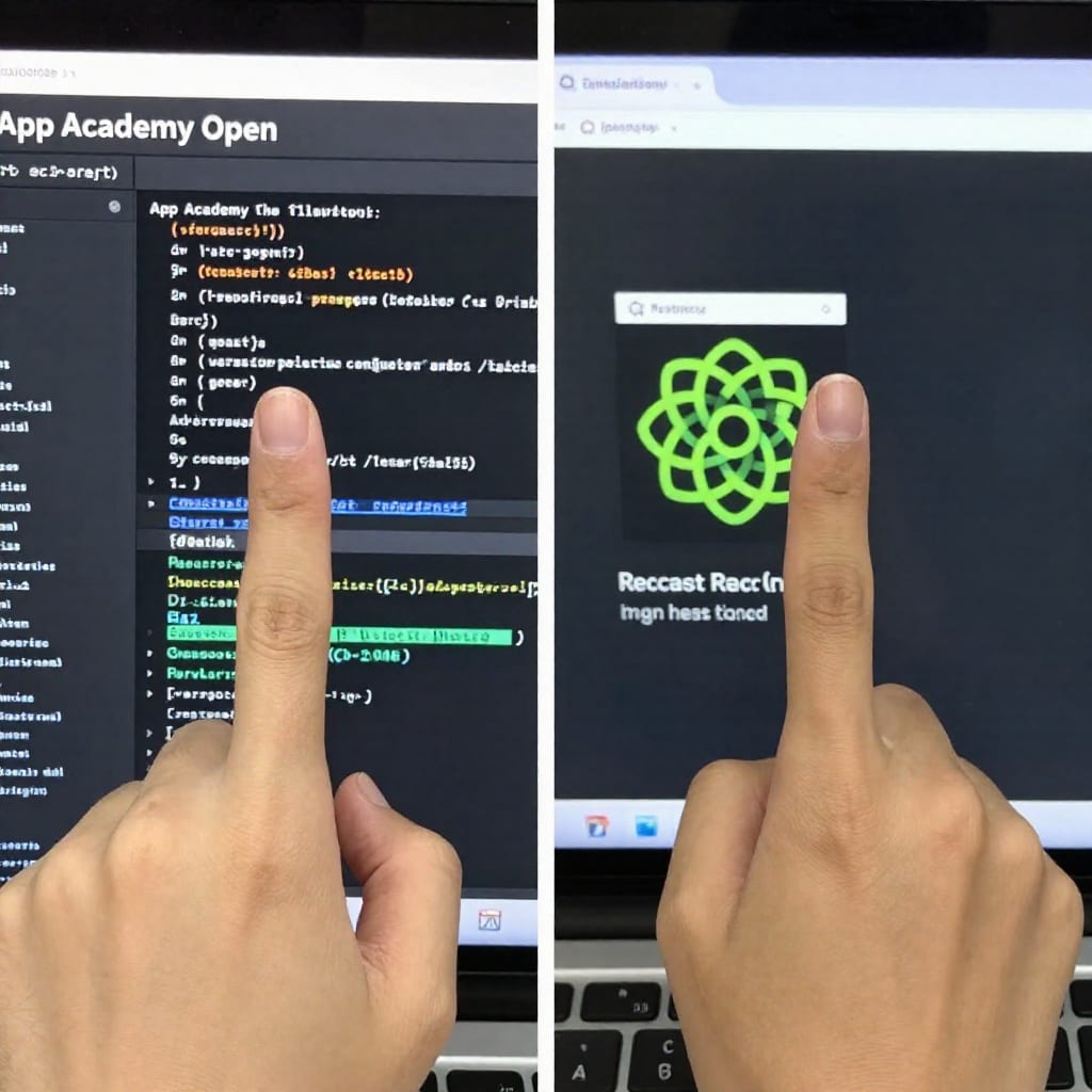 Split-screen of App Academy Open coding interface and React project preview