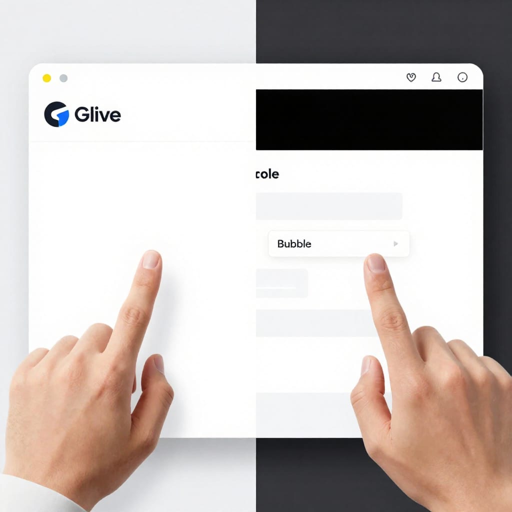 Side-by-side comparison of Glide and Bubble no-code editors showing different interface complexity