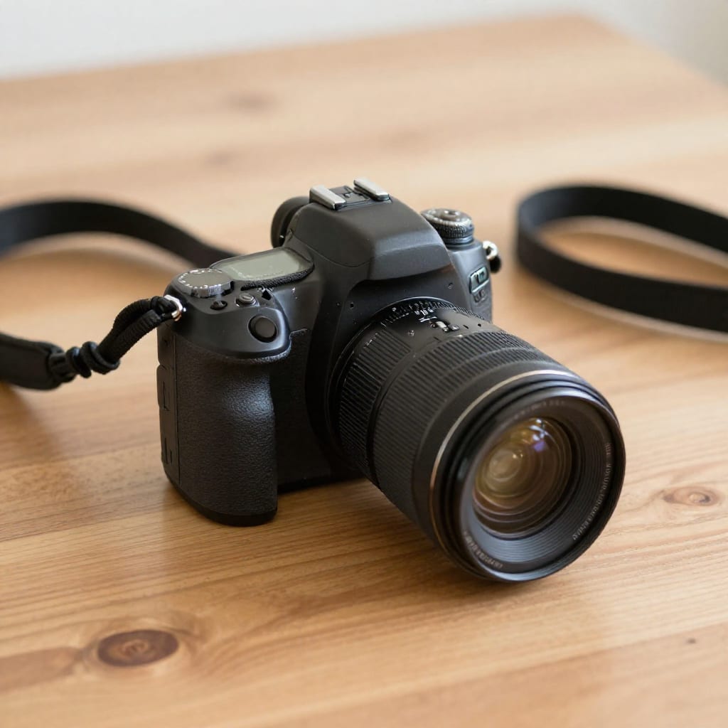 Used DSLR and on wood table with dog leash