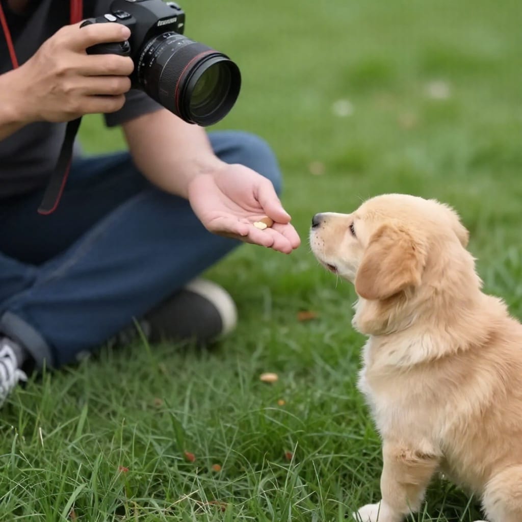 Photographer sitting on grass with treat waiting for dog