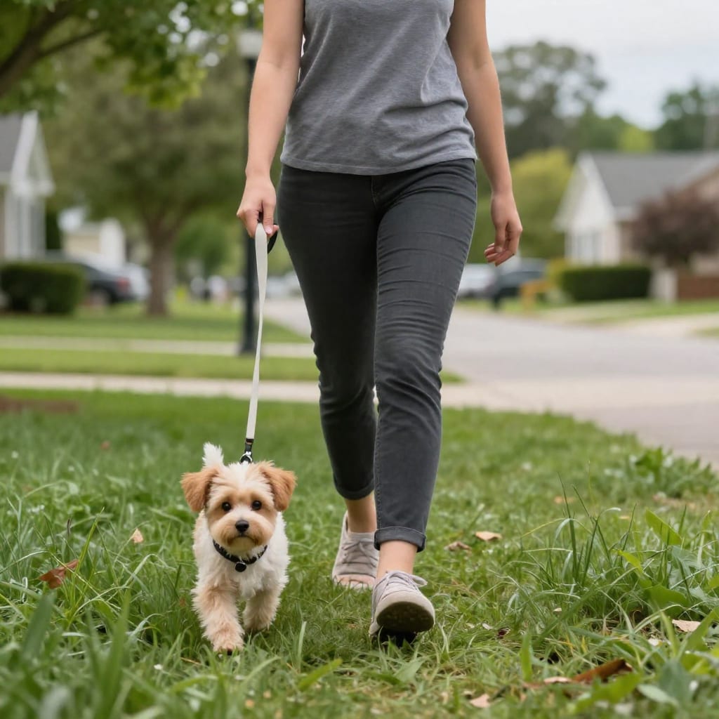 Person walking a small dog on a leash in suburban neighborhood