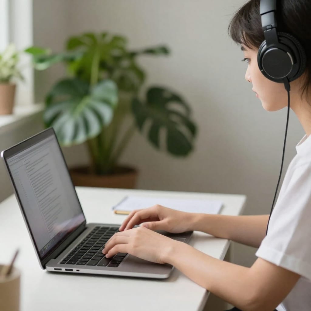 Person at home desk with laptop and headphones working on content creation