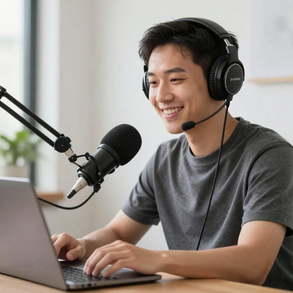 Smiling person with headphones and microphone editing audio on laptop in home office