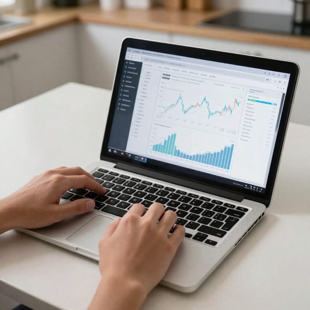 Laptop showing financial dashboard with charts on a kitchen table, representing virtual CFO work