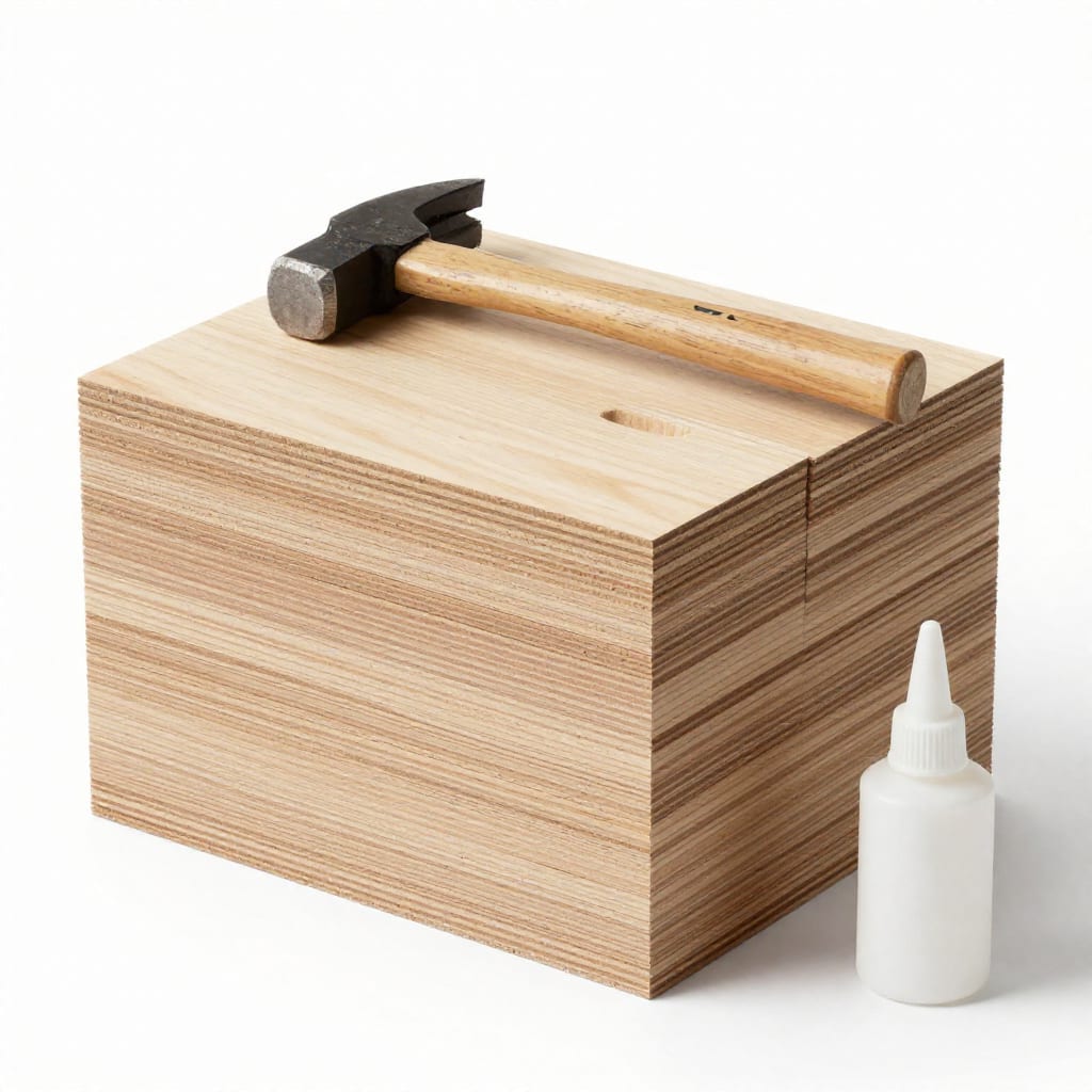 Pre-cut wood kit pieces stacked with hammer and glue bottle