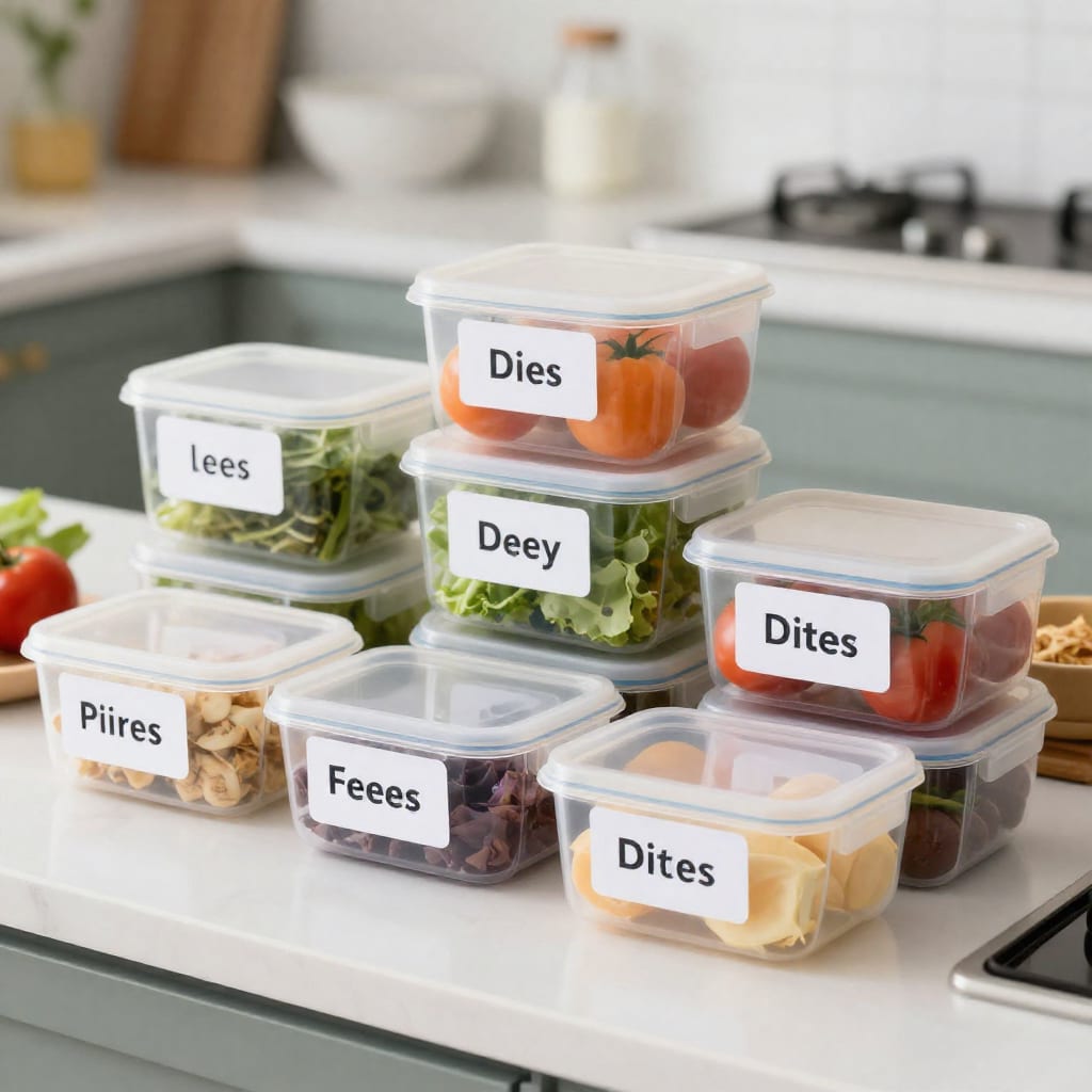 Home kitchen counter with labeled meal prep containers for special diets