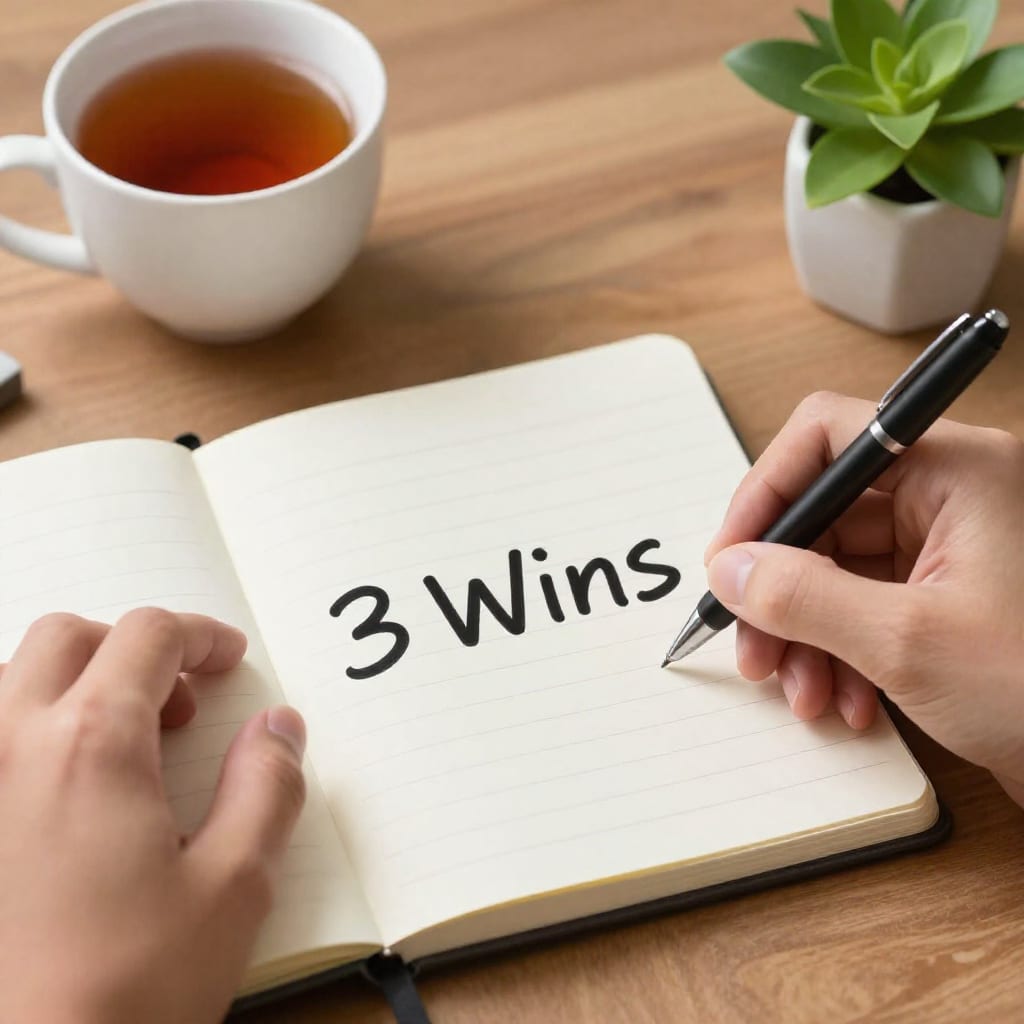 Hand writing 3 Wins in notebook on cozy desk
