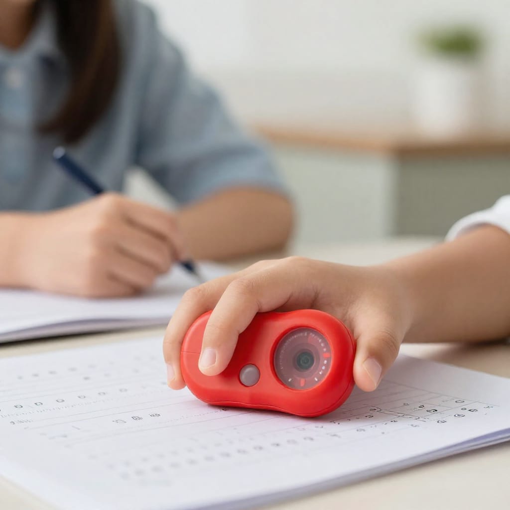 Child's hand setting a red visual timer on a desk with a homework worksheet