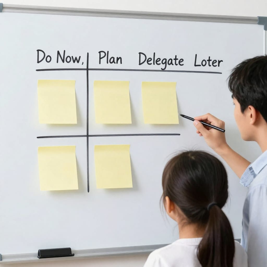 Whiteboard with a 2x2 priority grid and sticky notes, parent and child reviewing it together