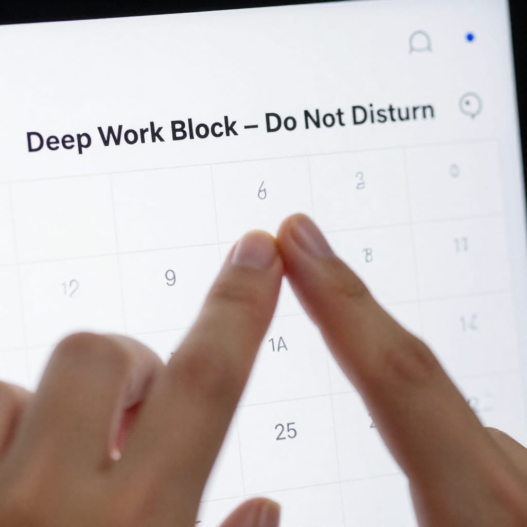 Calendar showing a 'Deep Work Block – Do Not Disturb' event with red banner