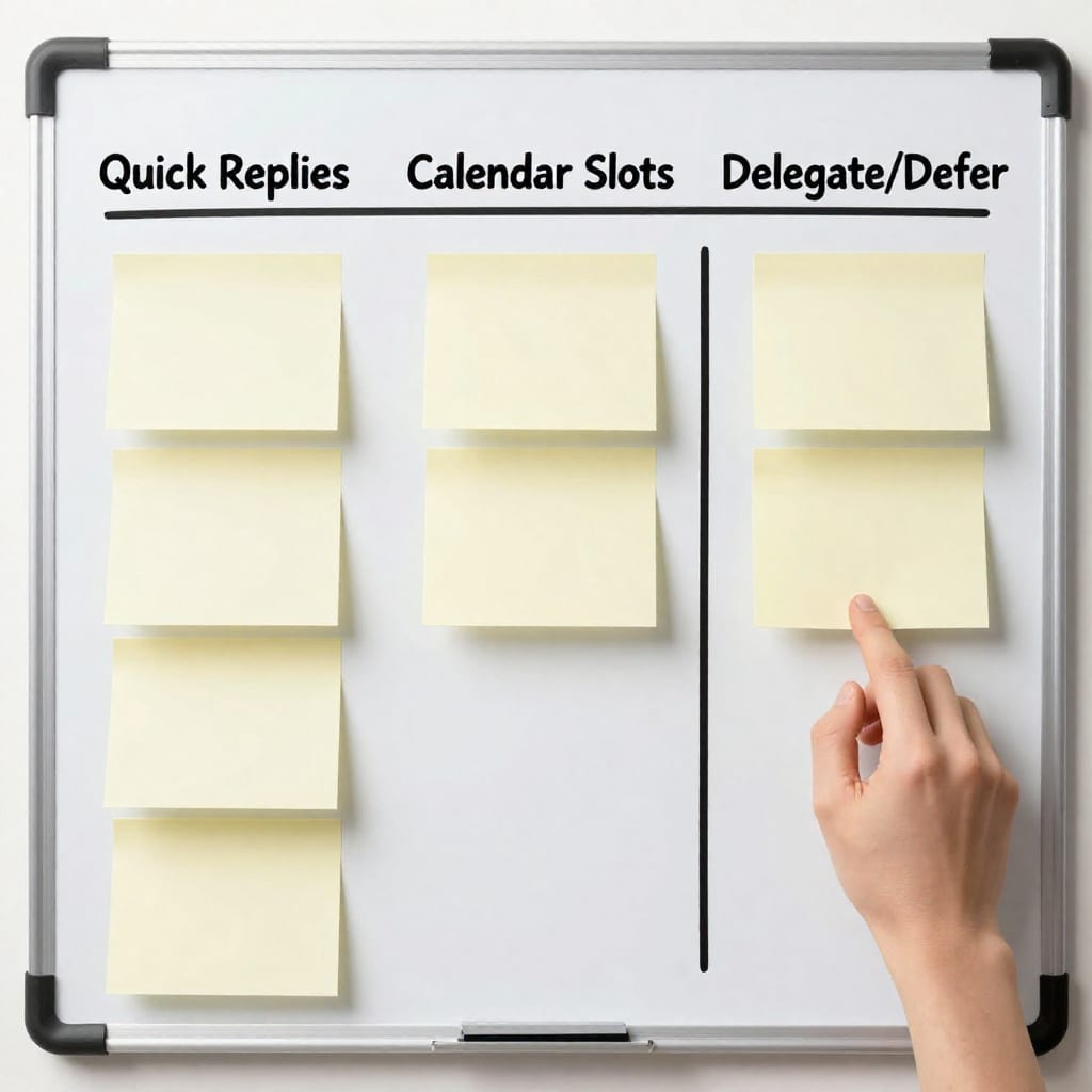 Three-column whiteboard checklist for batching reactive tasks