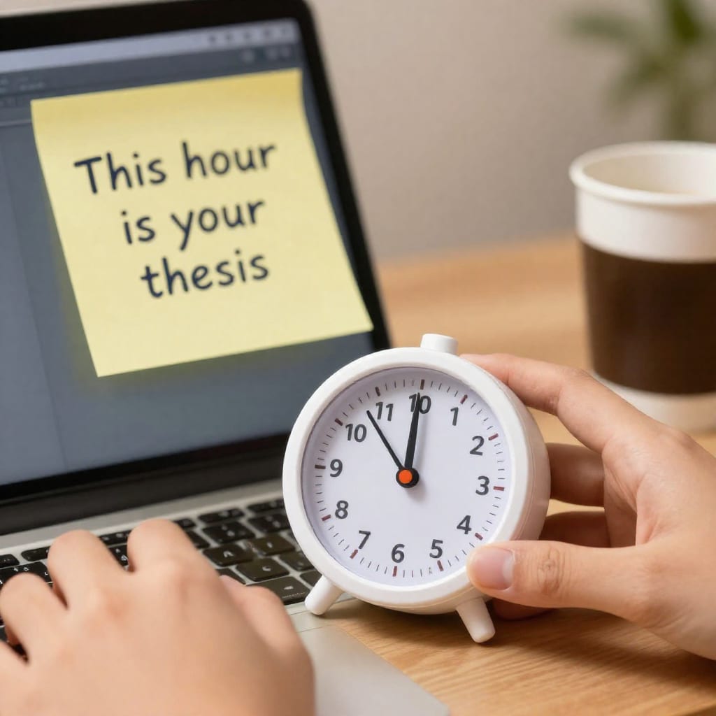Student using a timer and sticky note for time blocking power hours