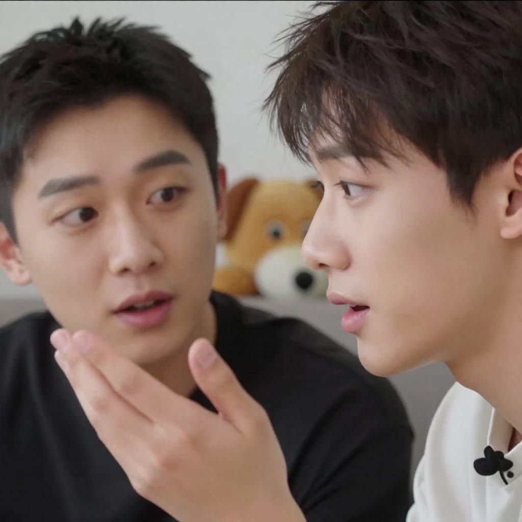 Close-up of two people talking, one asking a question about a pet