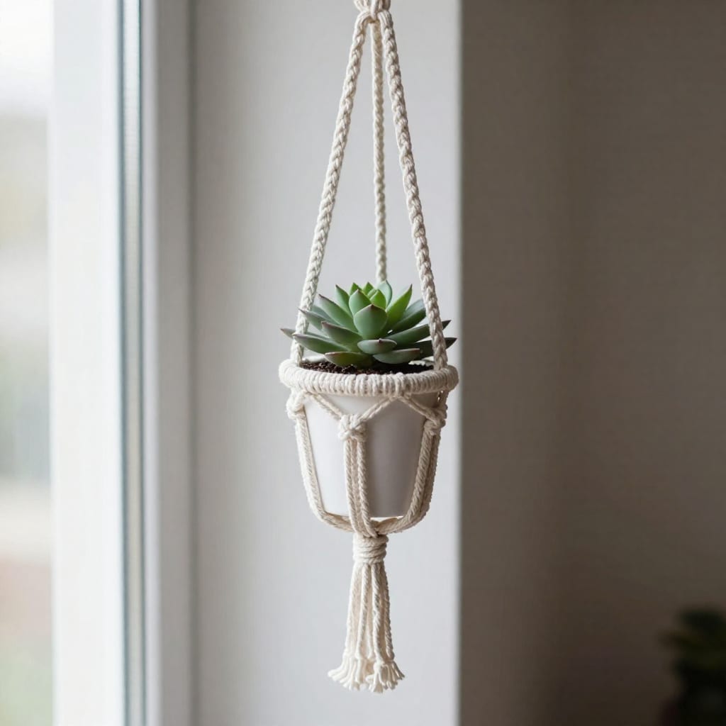 White macrame plant hanger with succulent near sunny window