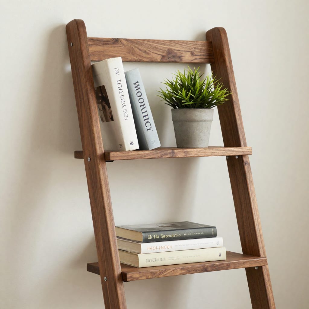 Walnut leaning ladder shelf with books and plant