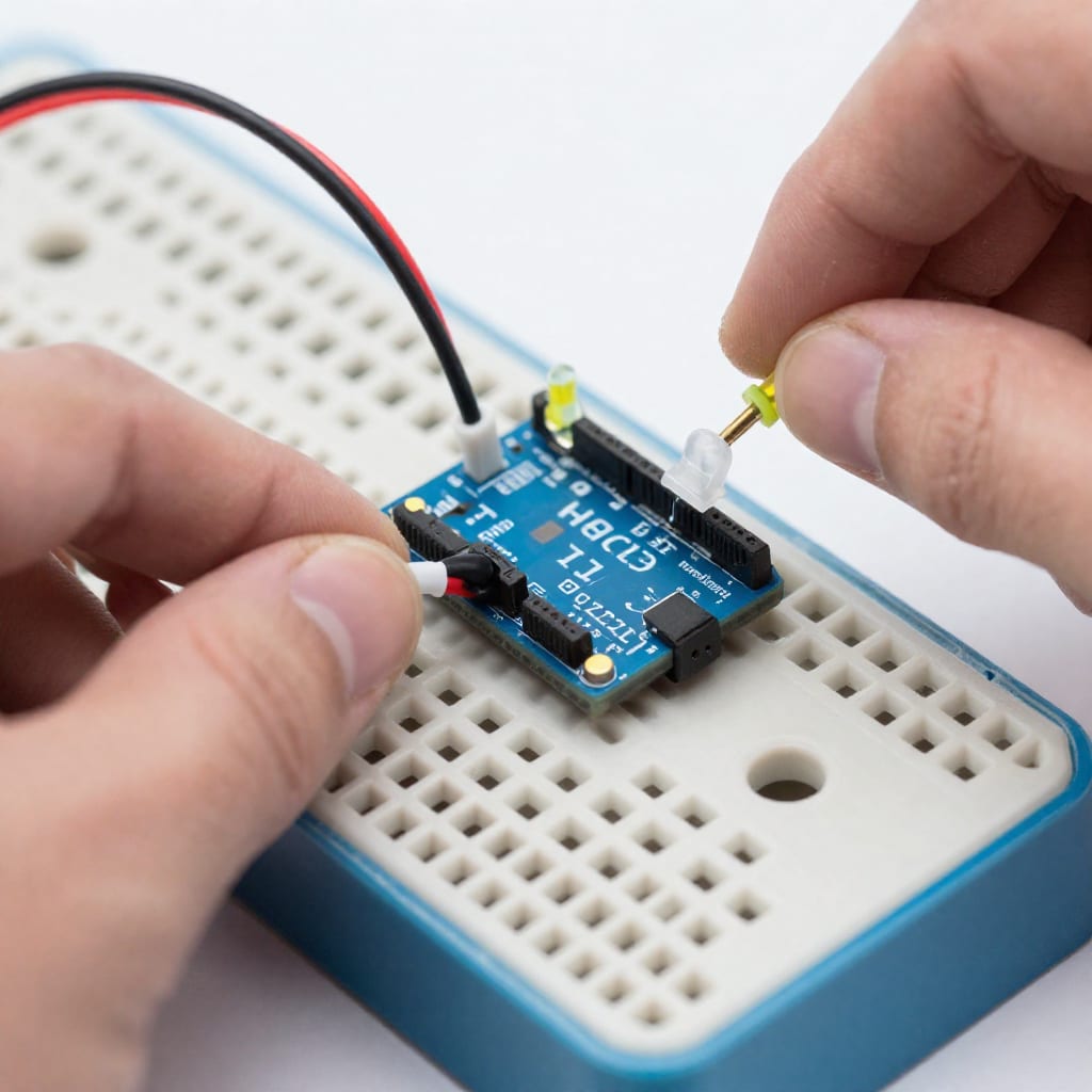 Close-up breadboard with DHT11 sensor, jumper wires, and LEDs wired to Arduino Uno
