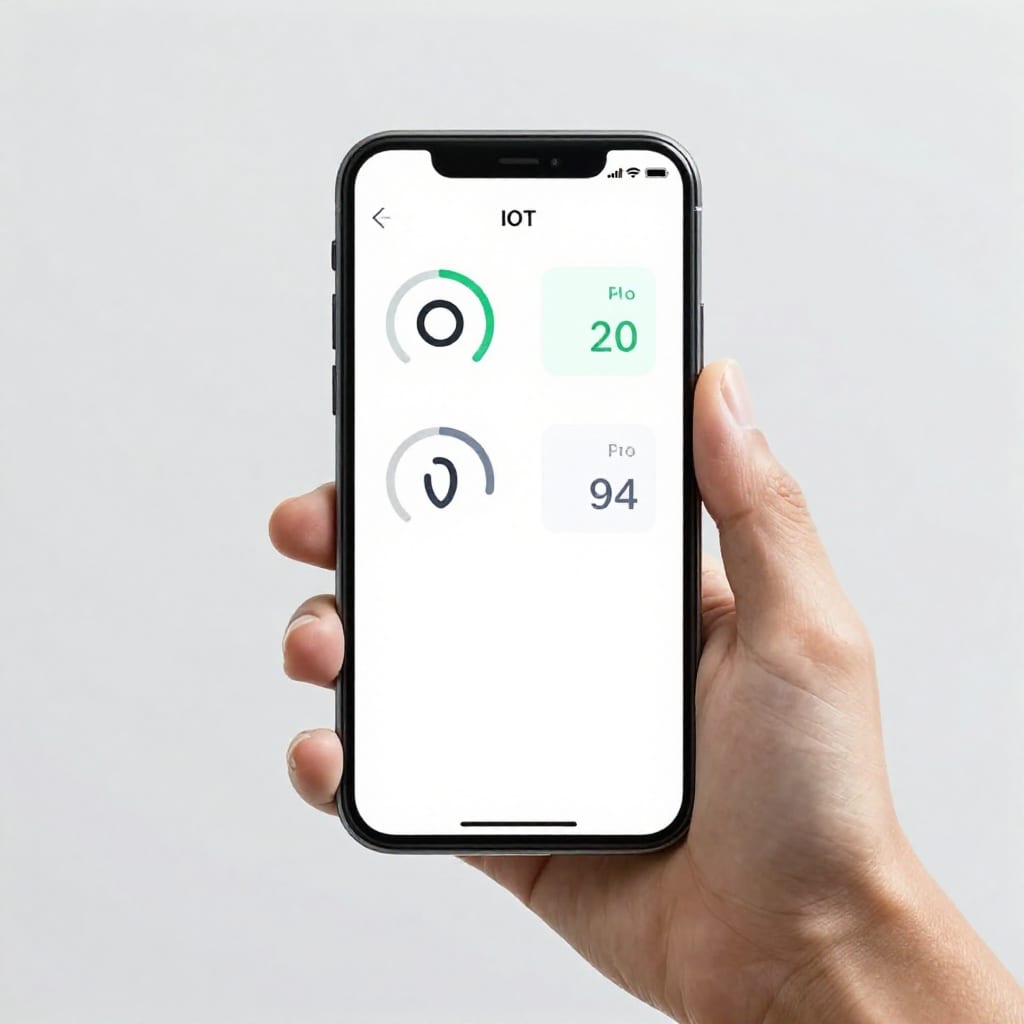 Smartphone display showing IoT dashboard with temperature, humidity, and motion sensor data