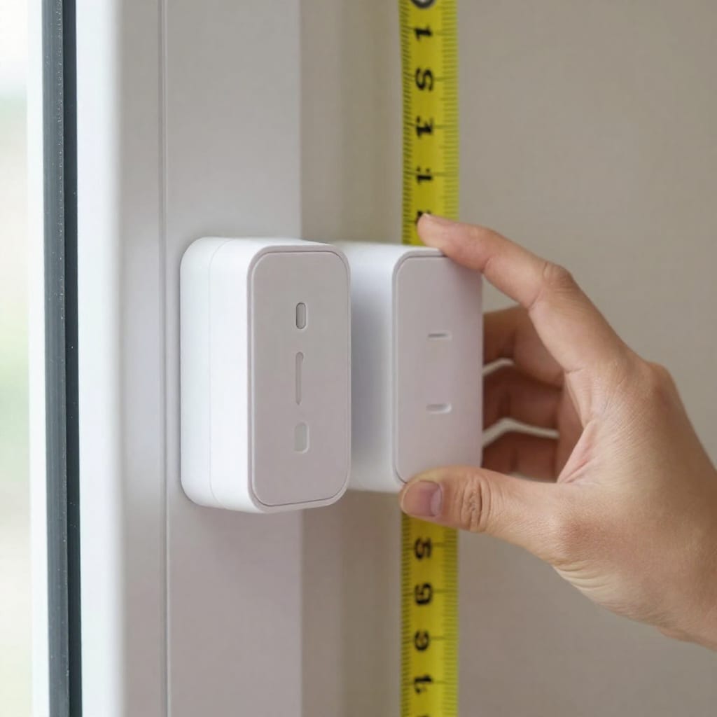 Door window sensors with tape measure showing Bluetooth range limit