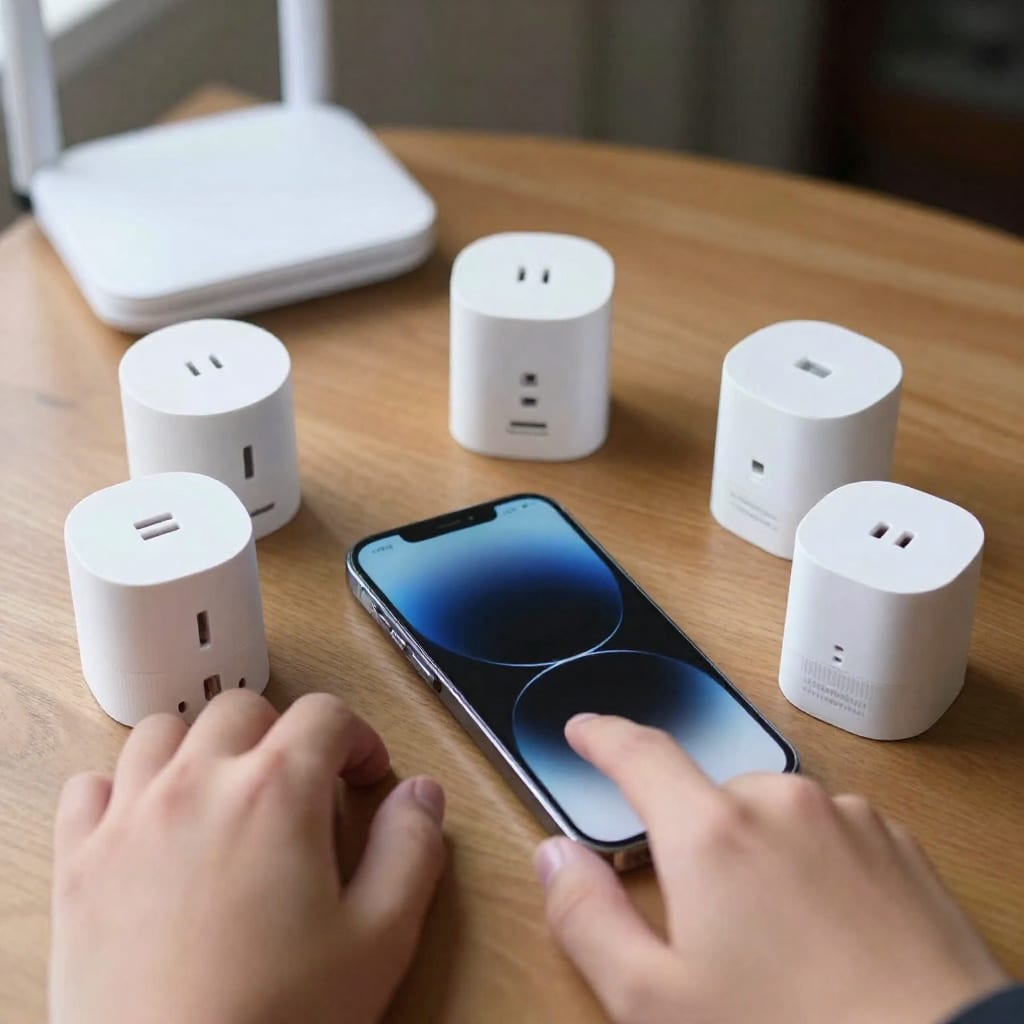 Five Bluetooth smart plugs around smartphone illustrating interference