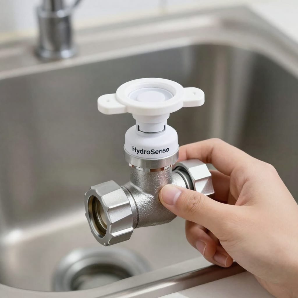 HydroSense smart water valve installed under a sink with leak sensor