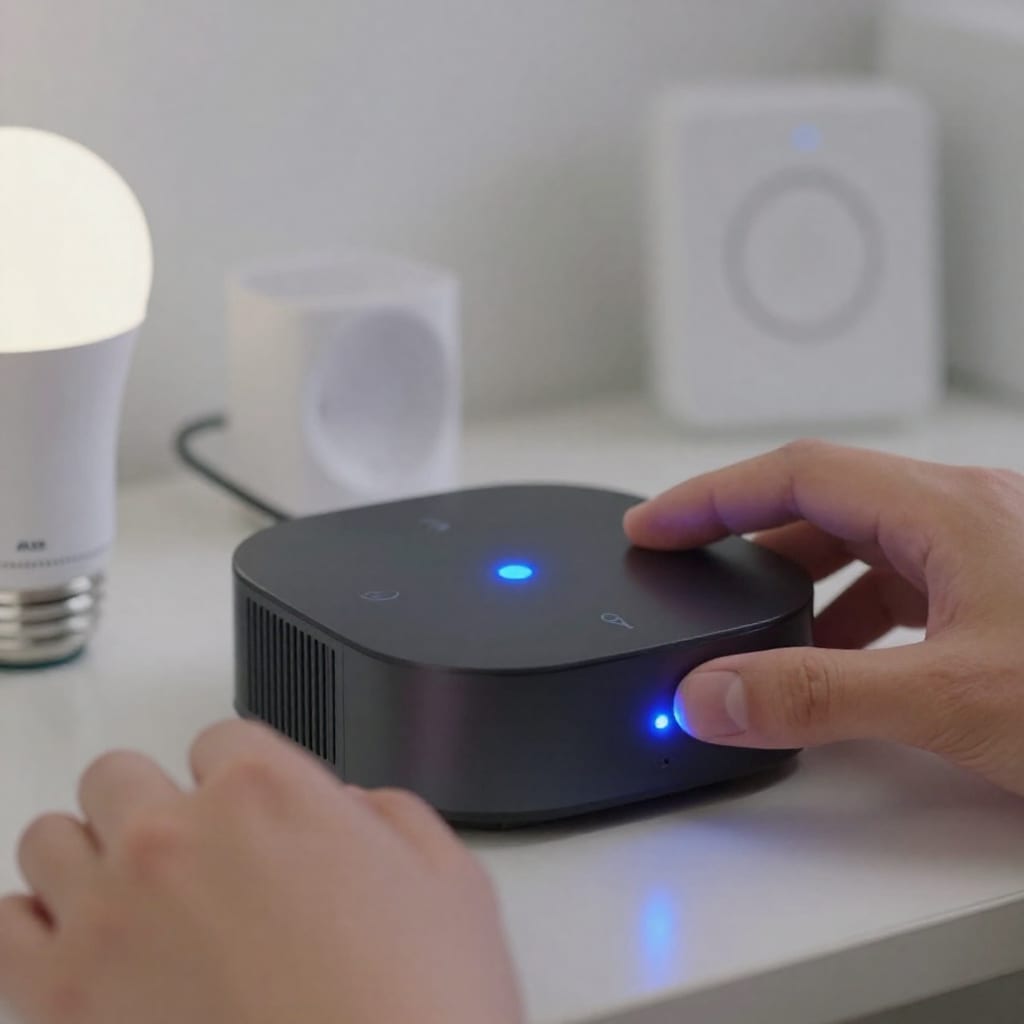 Close-up of a smart hub with blinking LED and a smart bulb, motion sensor, and contact sensor on a desk