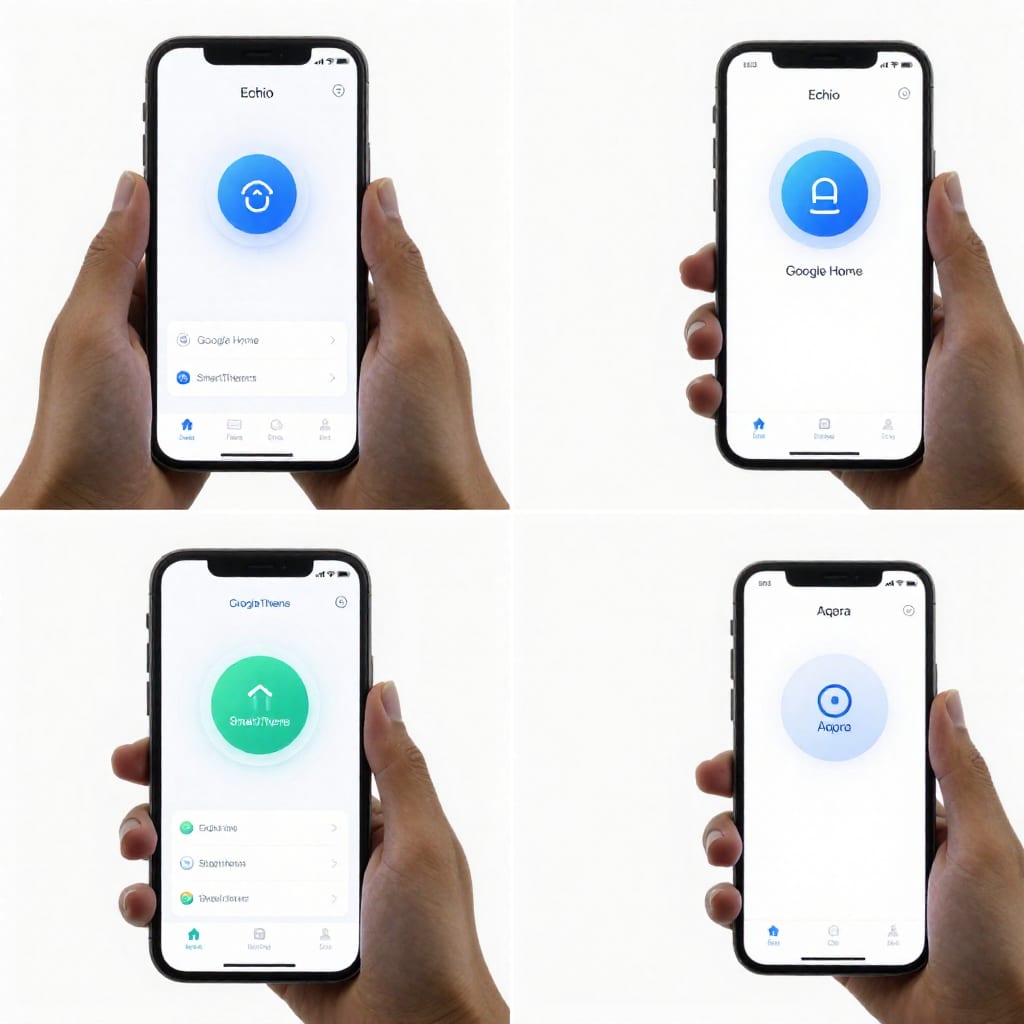 Split-screen comparison of four smart home apps on phones showing Echo, Google Home, SmartThings, and Aqara dashboards