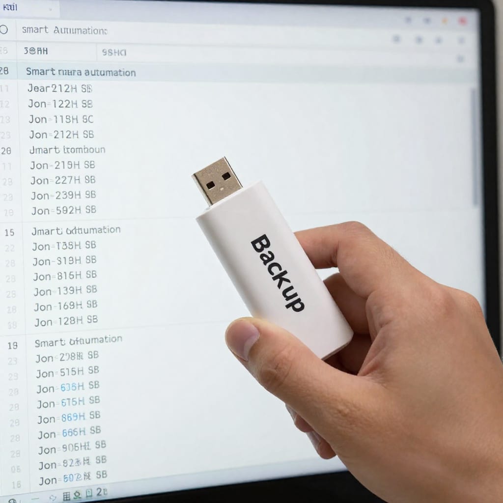 Computer screen displaying JSON export of smart home automations with USB backup drive