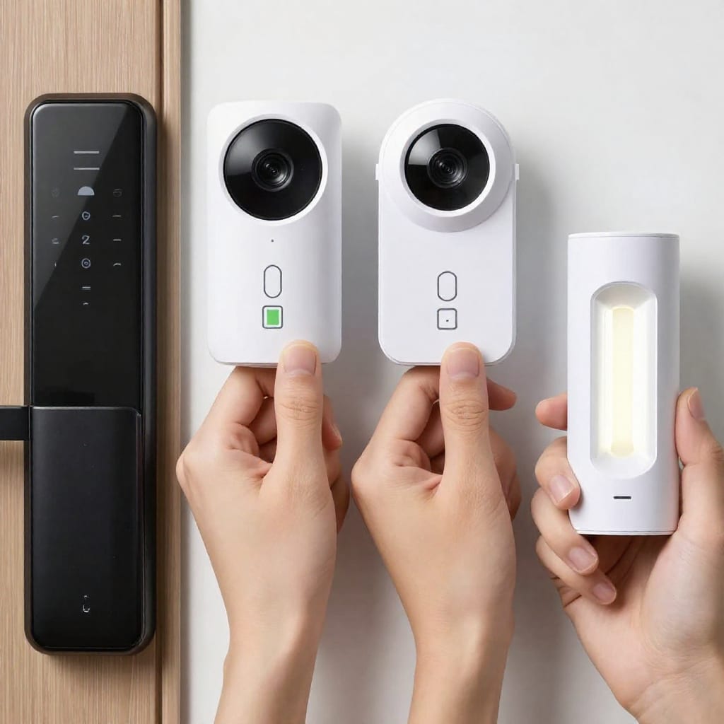 Side-by-side comparison of four battery-powered smart home devices with battery life icons